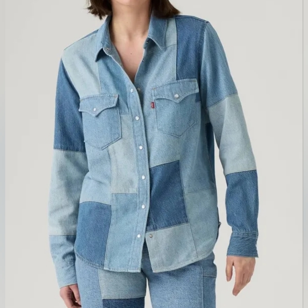 Levi's Patchwork iconic western button-up Denim Shirt Denim On Denim Blue